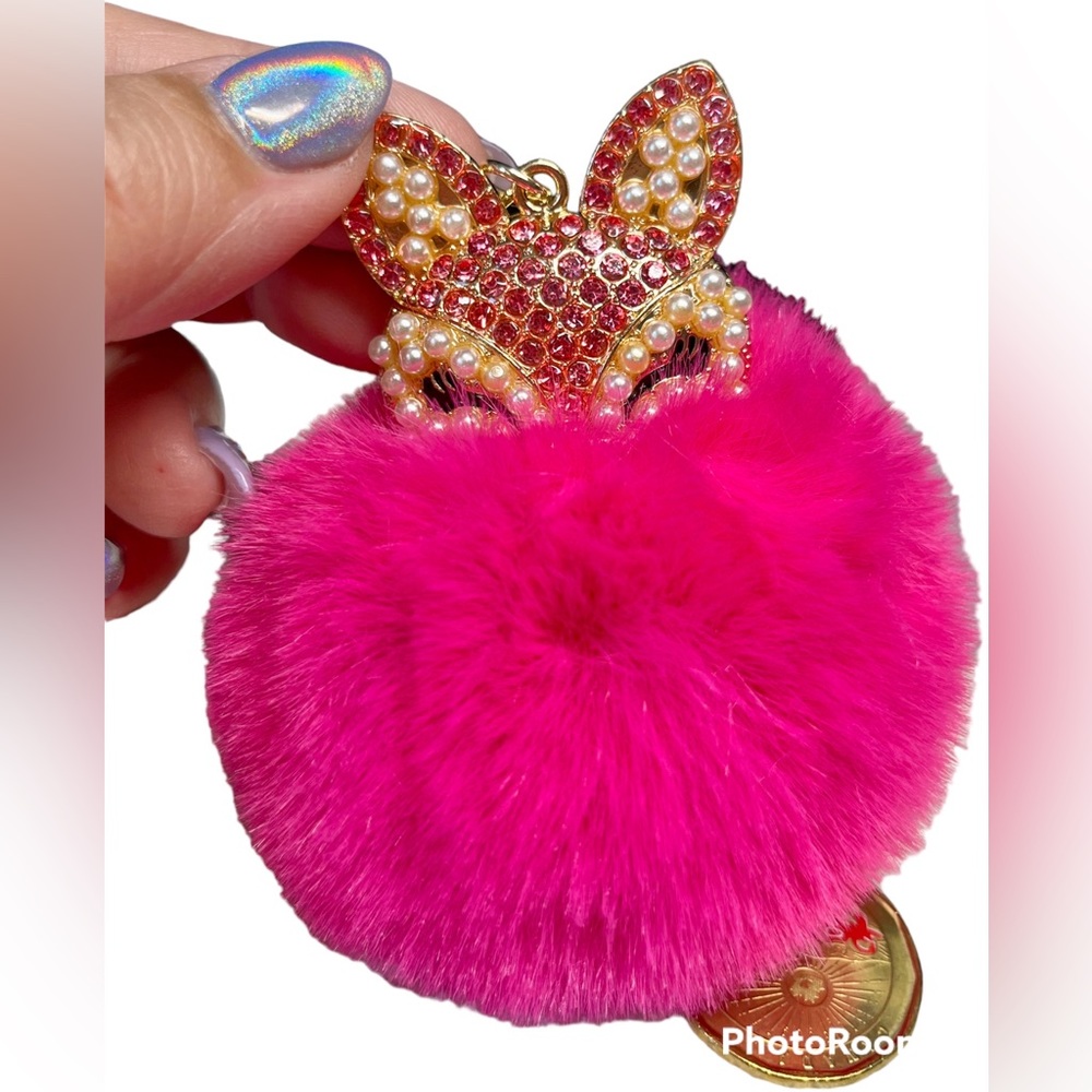 2/20 🖤furry FOX 🦊 purse bling key chain with PINK FUR and gold accent